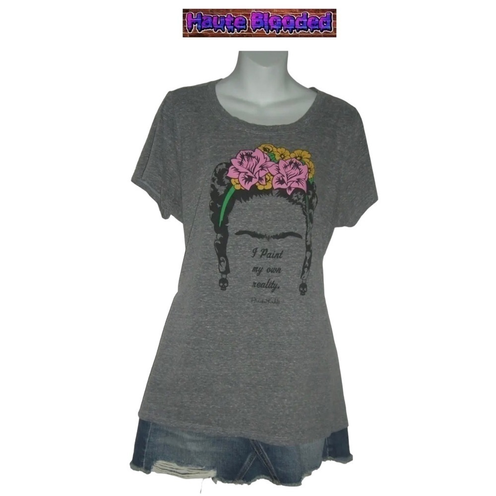 Frida Kahlo Tee Shirt Plus Size Mexican Painter Artist Gray Flowers Sz XXL 2X 2 - Picture 9 of 9